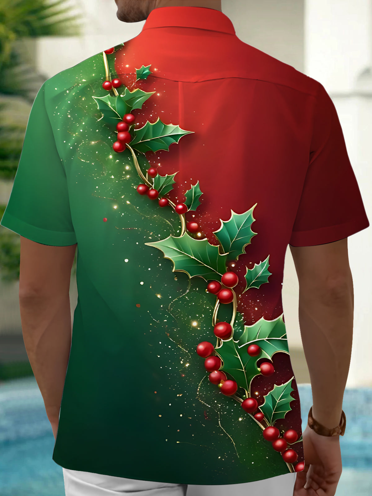 Christmas Holly Berry Print Men's Pocket Short Sleeve Shirts