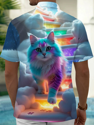 Men's cat print short sleeve shirt back view