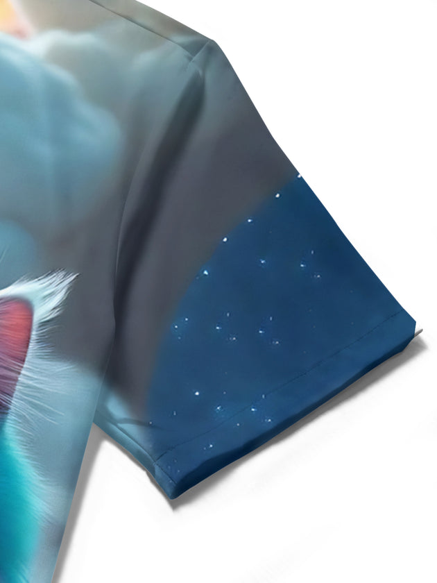 Men's cat print short sleeve shirt pocket stitch detail close-up