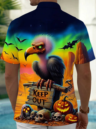 Men's Halloween vulture print pocket short sleeve shirt back view