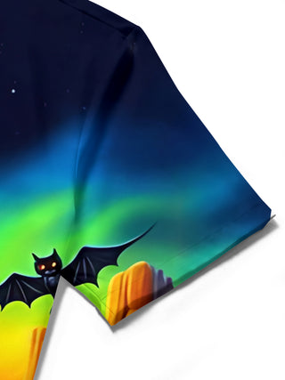 Men's Halloween vulture print pocket short sleeve shirt close-up fabric texture