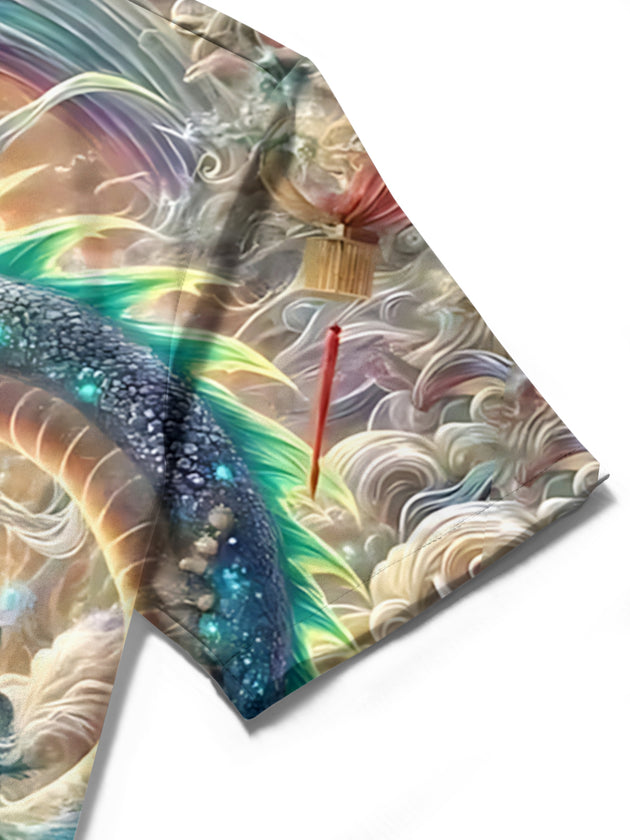 Men's dragon print short sleeve shirt detail close-up of intricate print and fabric texture