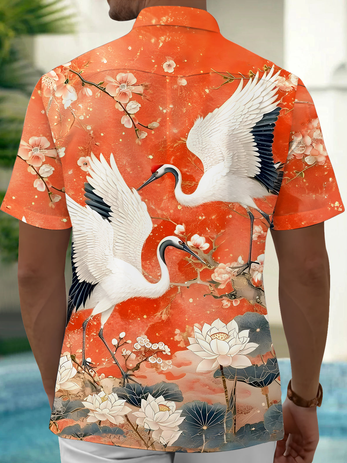 Crane Floral Men's Pocket Short Sleeve Shirts