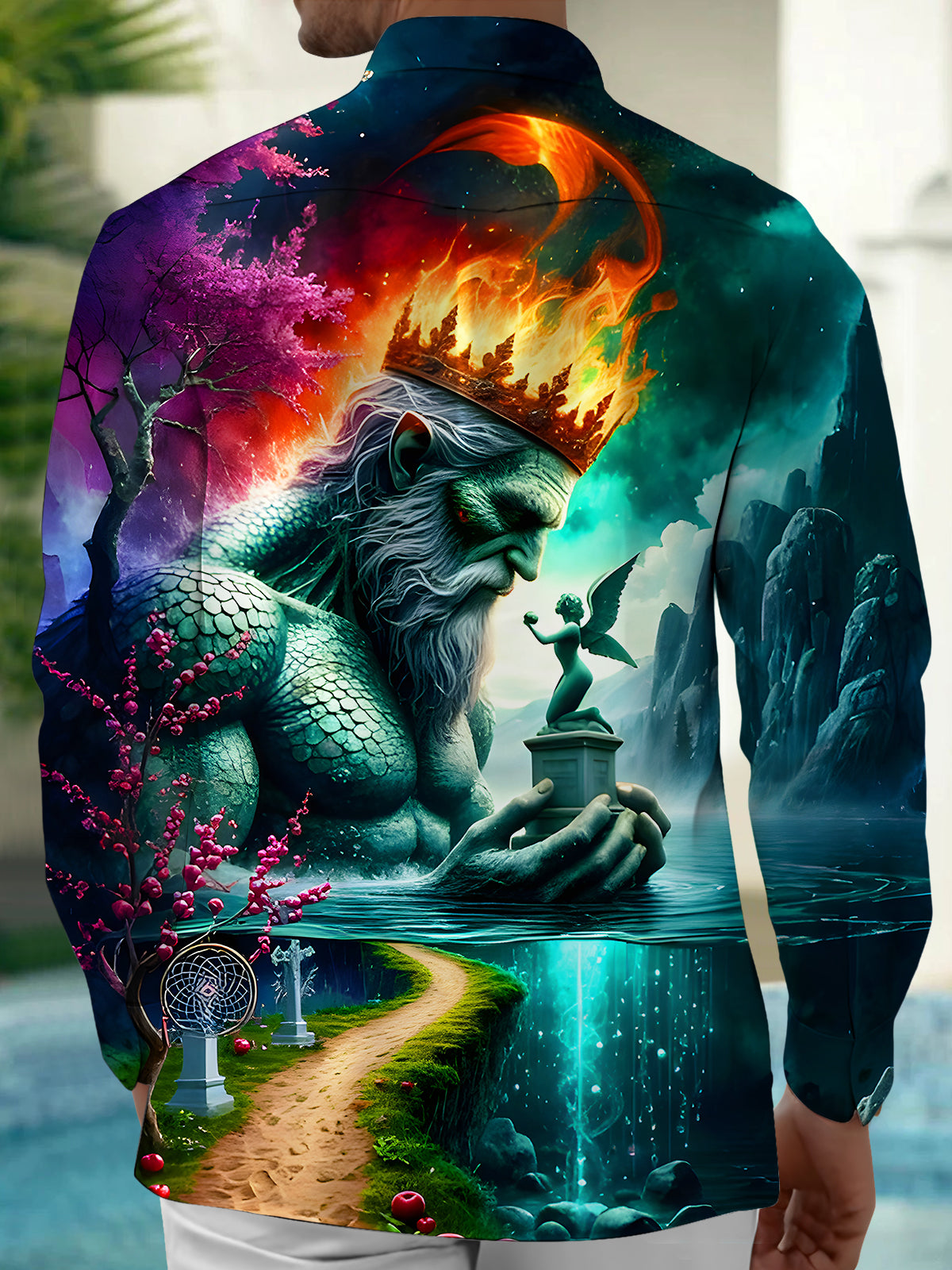 Sanctuary Of The Azure-Crowned Titan Praying Angel In His Palm Men's Pocket Long Sleeve Shirts