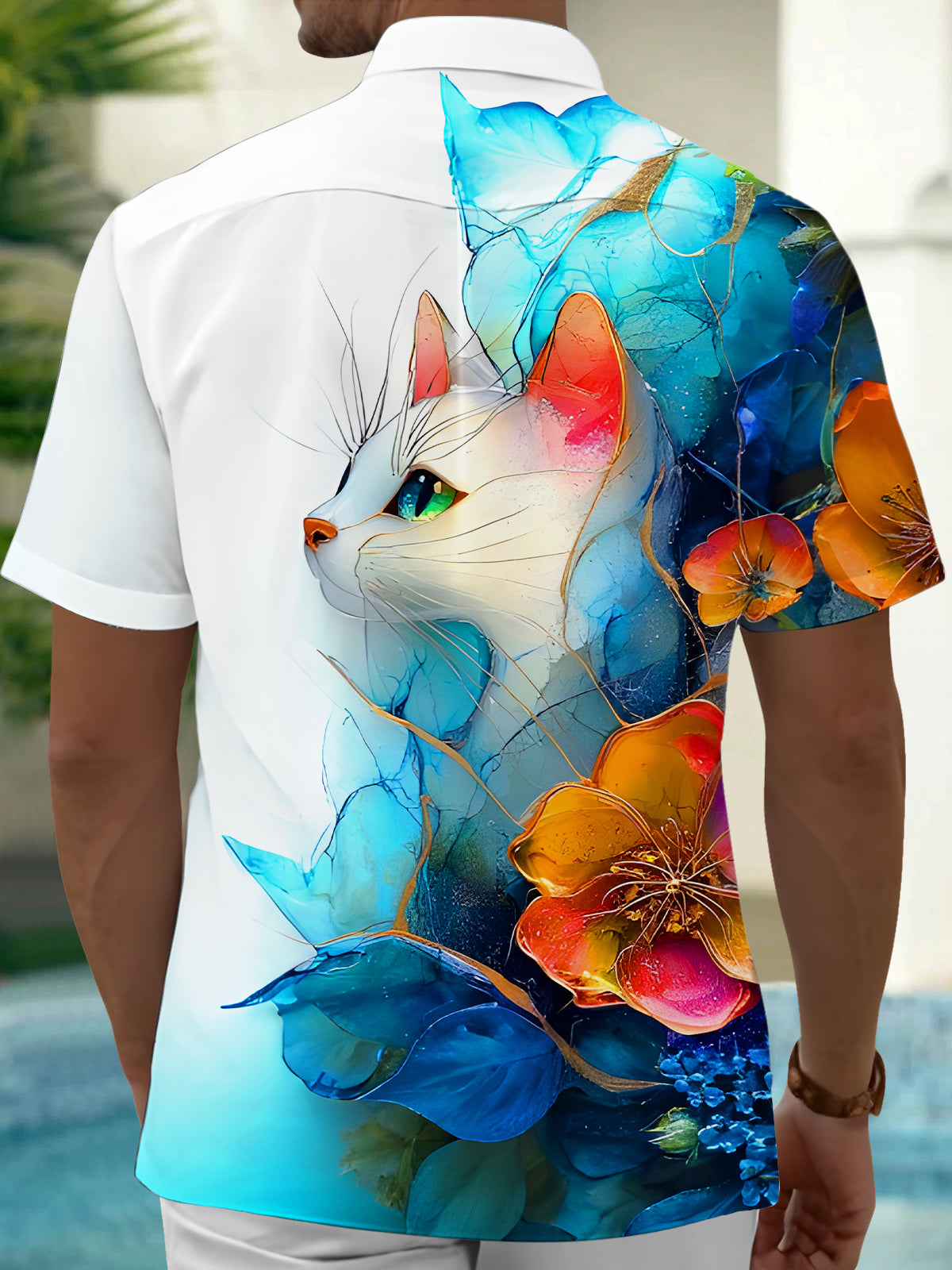 Art Gradient Cat Floral Men's Pocket Short Sleeve Shirts