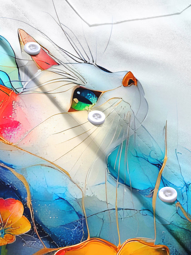 Art Gradient Cat Floral Men's Pocket Short Sleeve Shirts
