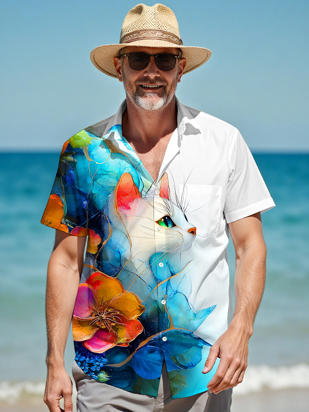 Art Gradient Cat Floral Men's Pocket Short Sleeve Shirts