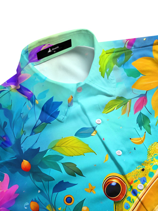 Men's colorful floral short sleeve shirt flat lay view showcasing vibrant frog pattern details