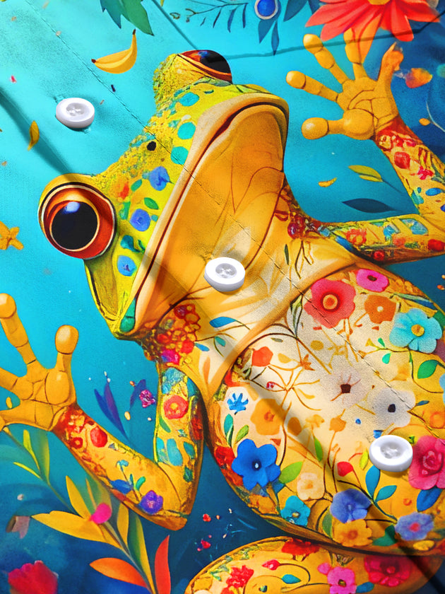 Funny Colorful Frog Floral Men's Pocket Short Sleeve Shirts
