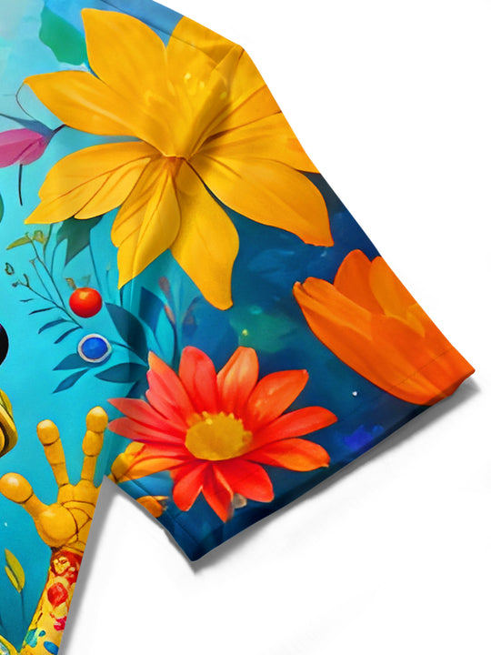 Men's colorful frog floral short sleeve shirt lifestyle shot at summer picnic
