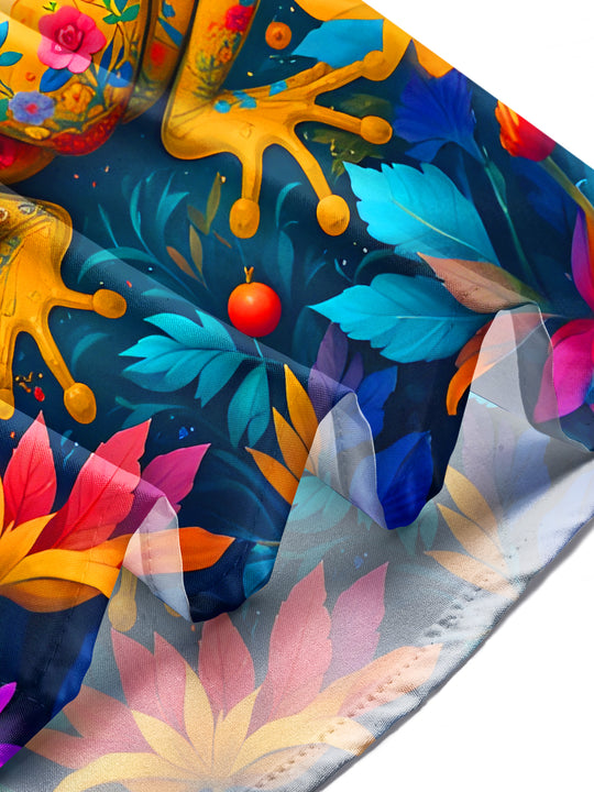 Men's colorful frog floral short sleeve shirt lifestyle view in a sunny garden