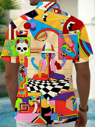 Men's multicolor abstract geometric print short sleeve shirt side view