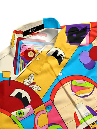 Men's colorful geometric print abstract pattern short sleeve shirt flat lay