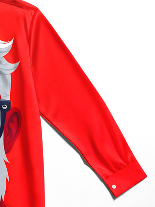 Men's red Christmas Santa Claus print long sleeve shirt close-up detail showing stitching