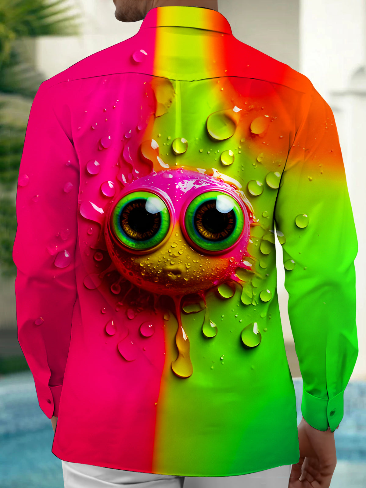 Funny Cartoon Expression Gradient Water Droplets Men's Pocket Long Sleeve Shirts