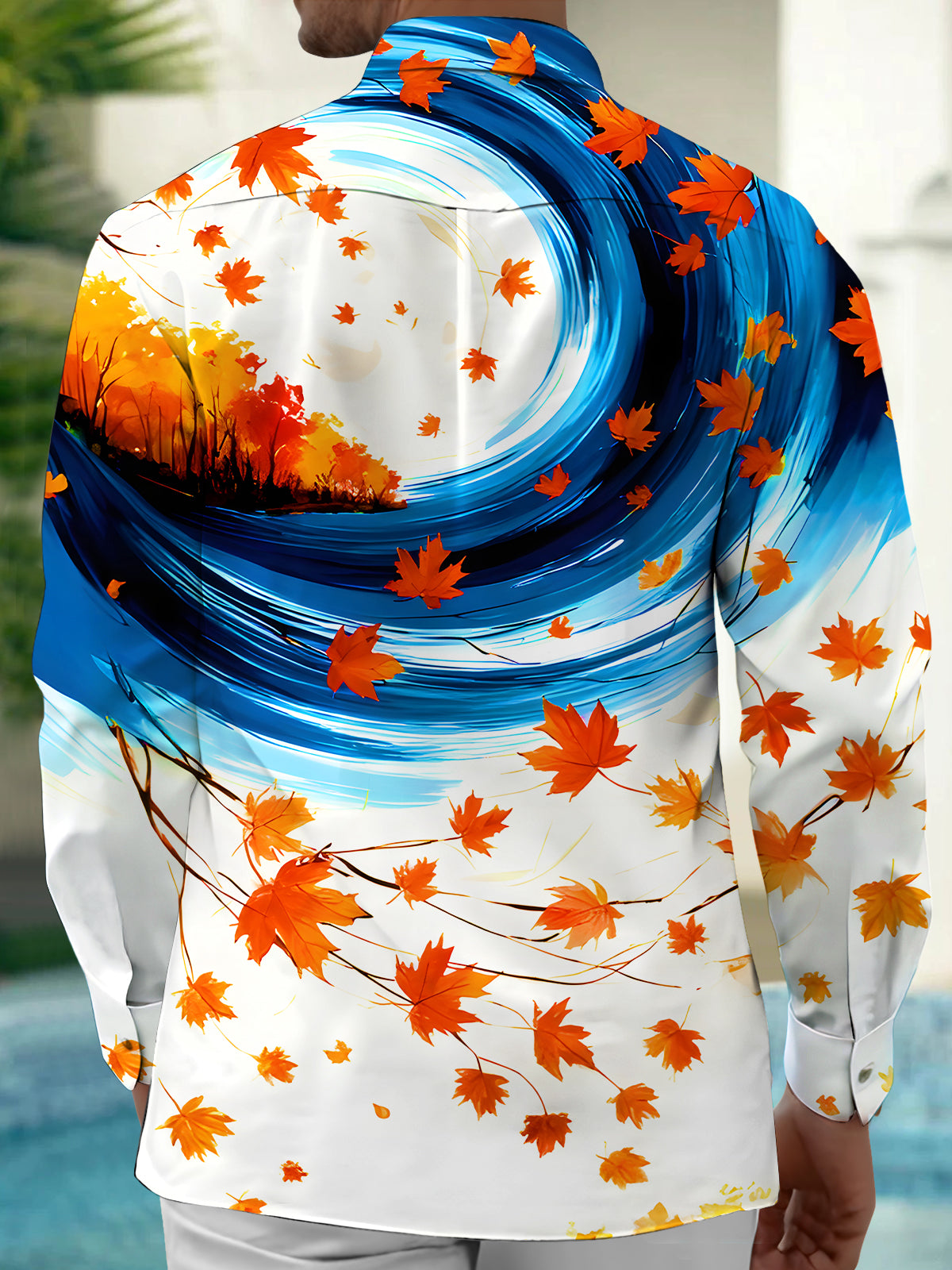 Autumn Maple Leaf Art Swirl Men's Pocket Long Sleeve Shirts