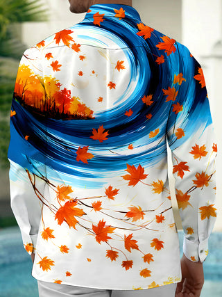 Men's long sleeve autumn maple leaf art swirl shirt back view