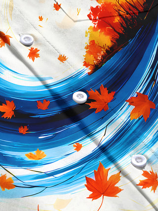 Men's autumn maple leaf art swirl pattern long sleeve shirt flat lay
