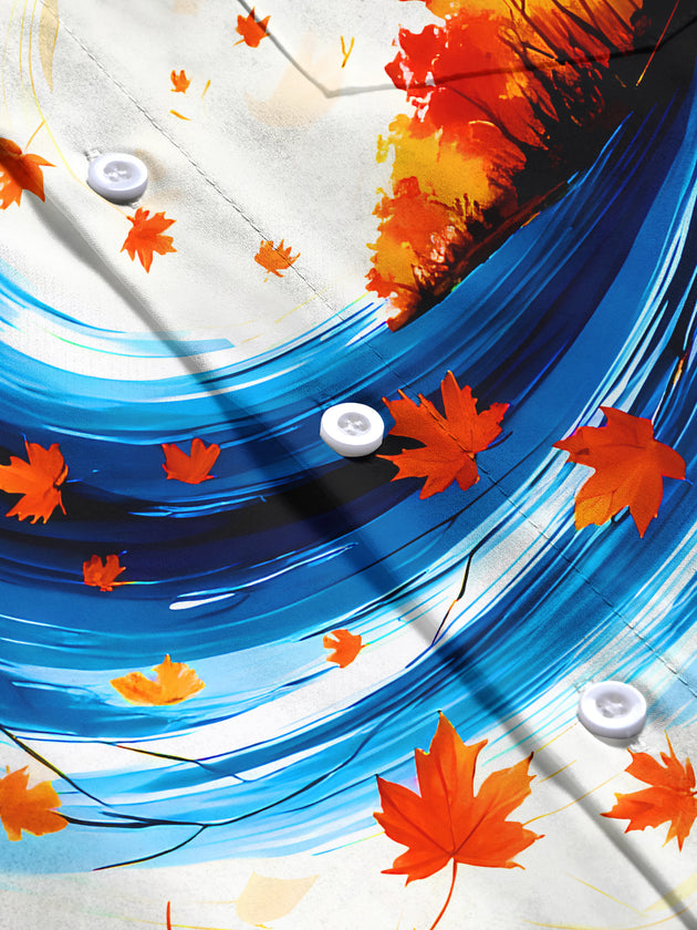 Men's autumn maple leaf art swirl pattern long sleeve shirt flat lay