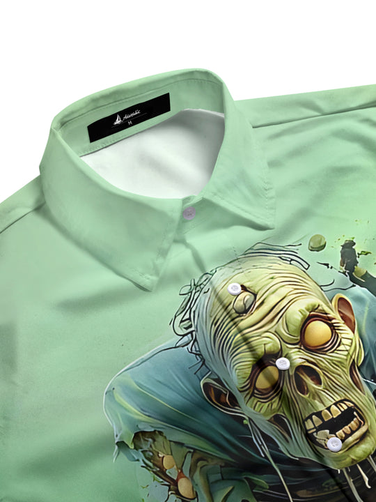 Men's spooky zombie print short sleeve shirt side view