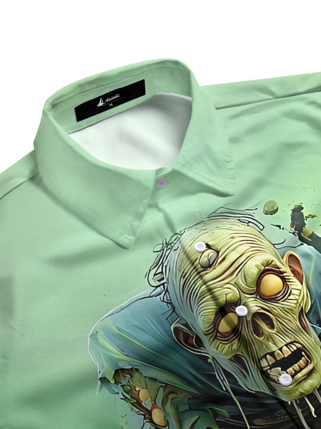 Men's spooky zombie print short sleeve shirt side view