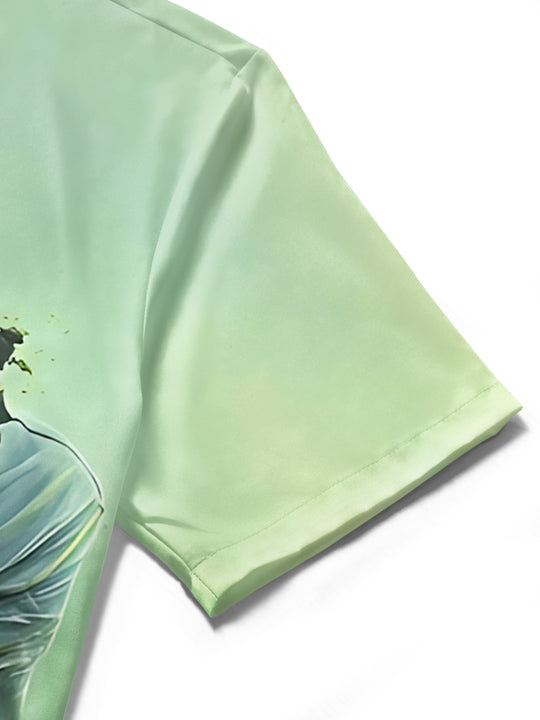 Men's zombie print short sleeve shirt close-up of pocket stitching