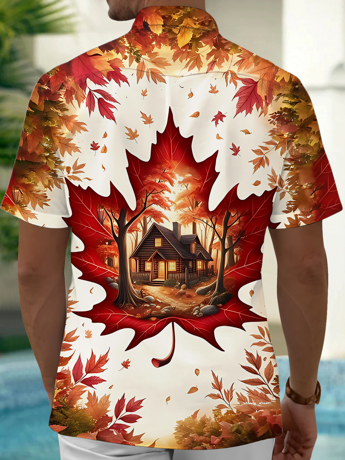 Maple Leaf House Print Men's Pocket Short Sleeve Shirts