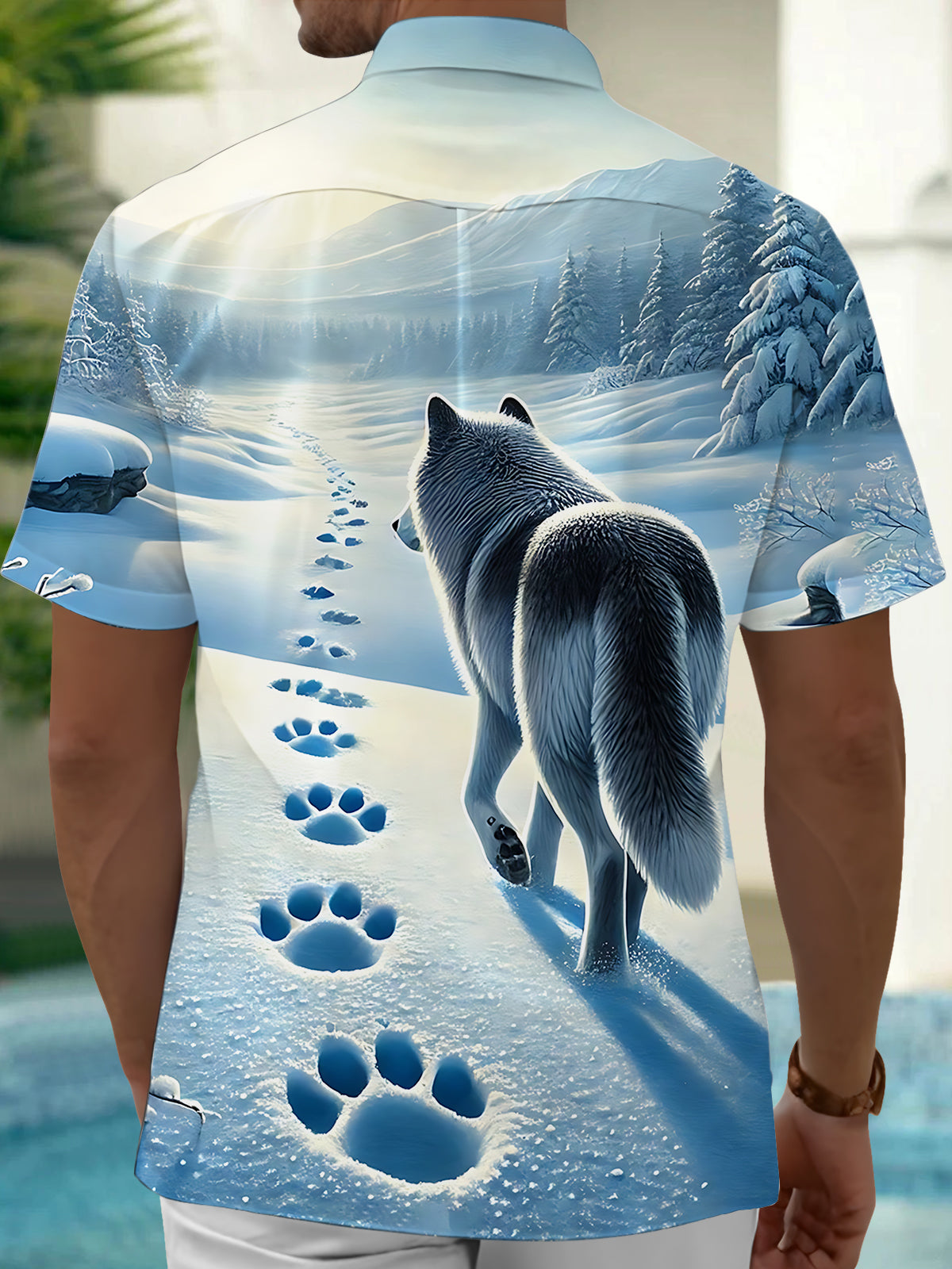 Snow Wolf Print Men's Pocket Short Sleeve Shirts