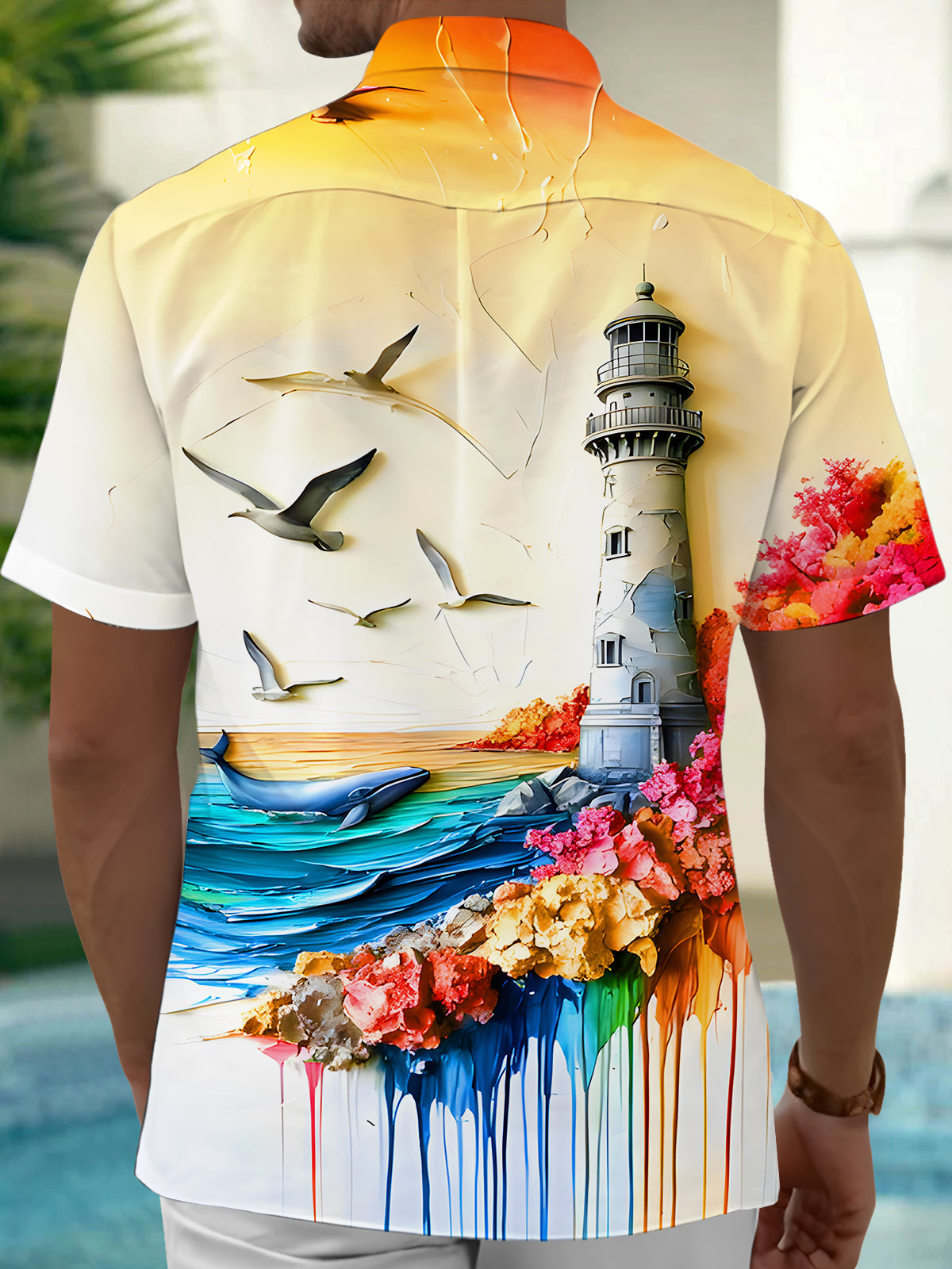 Lighthouse Floral Seagulls Whale Tie Dye Art Relief Men's Pocket Short Sleeve Shirts