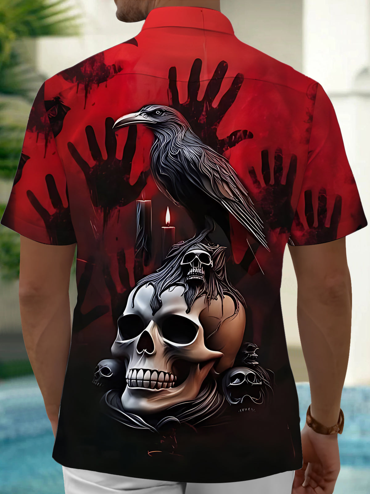 Halloween Crow Skull Print Men's Pocket Short Sleeve Shirts