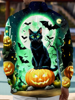 Men's Halloween cat pumpkin print pocket long sleeve shirt back view