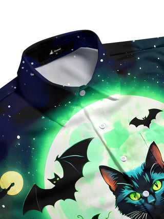 Men's orange horror cat pumpkin print pocket full sleeve shirt side view