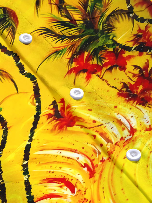 Men's autumn coconut tree pattern short sleeve shirt flat lay view