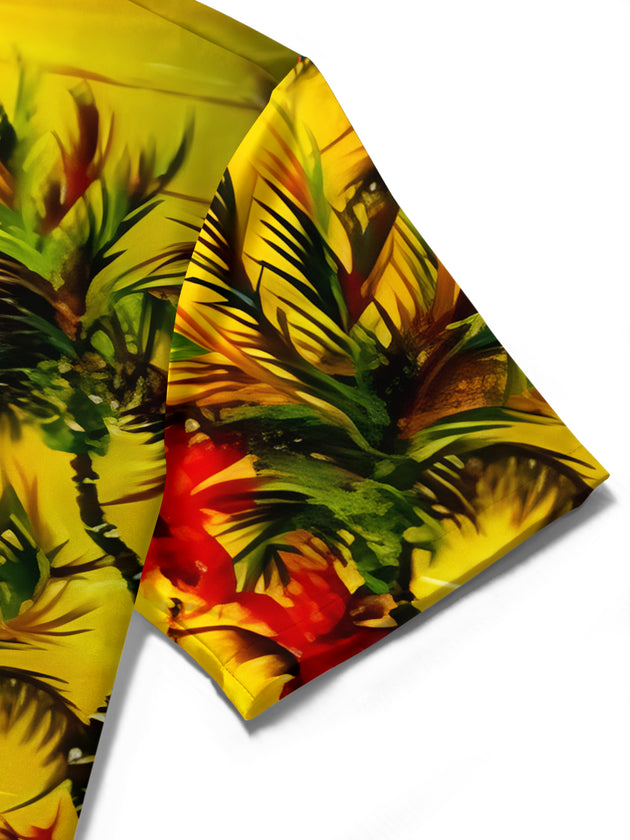 Men's short sleeve shirt close-up detail of coconut tree pocket stitching