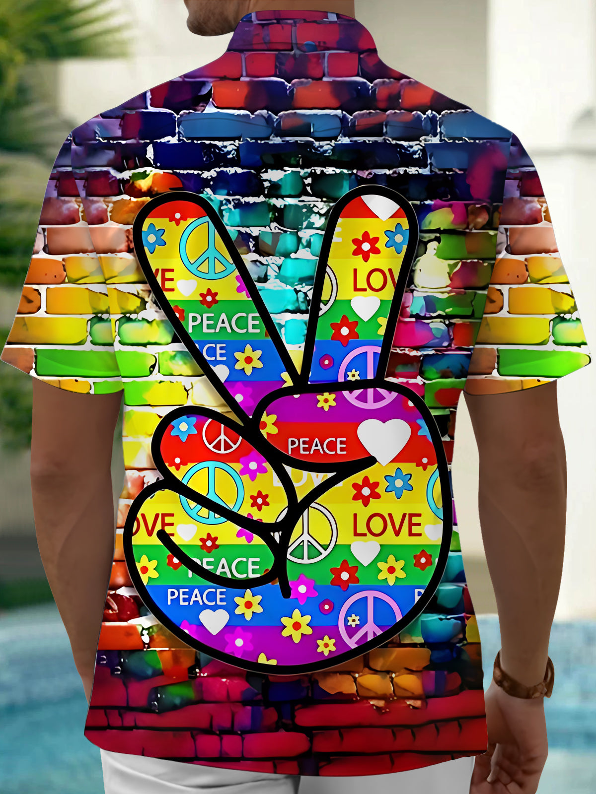 Peace Gesture Print Men's Pocket Short Sleeve Shirts