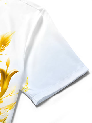 Men's golden floral short sleeve shirt close-up fabric texture