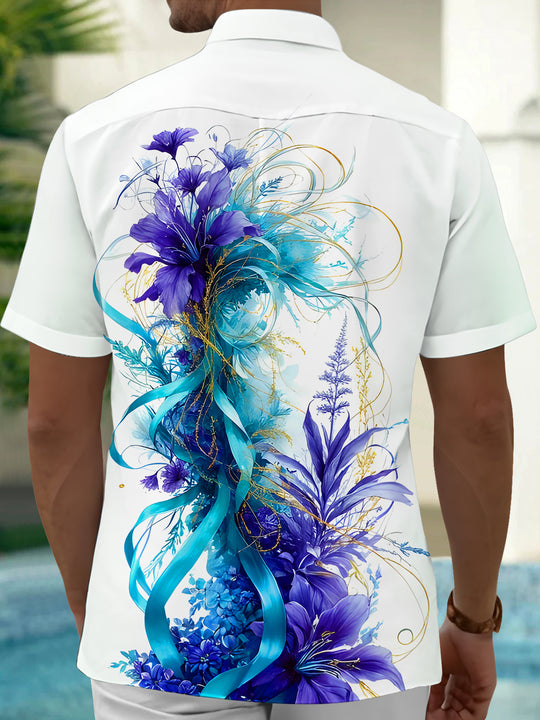 Men's floral pocket short sleeve shirt back view