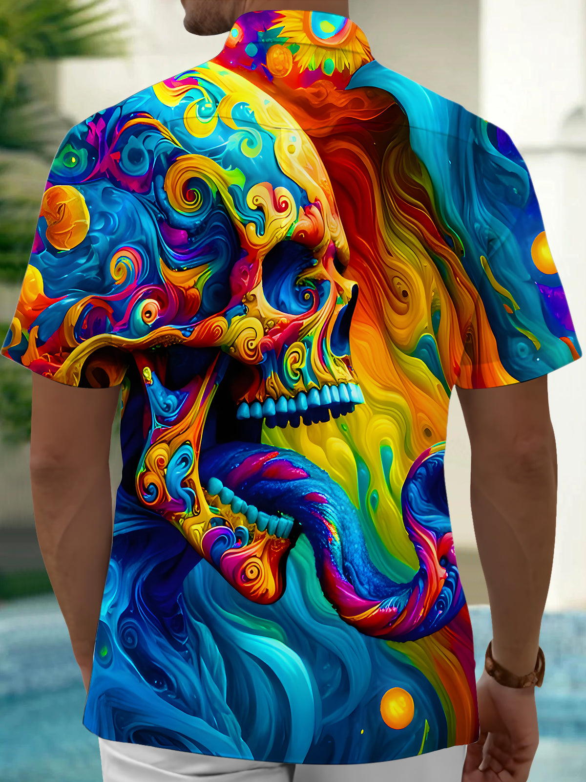 Colorful Abstract Skull Swirl Halloween Men's Pocket Short Sleeve Shirts