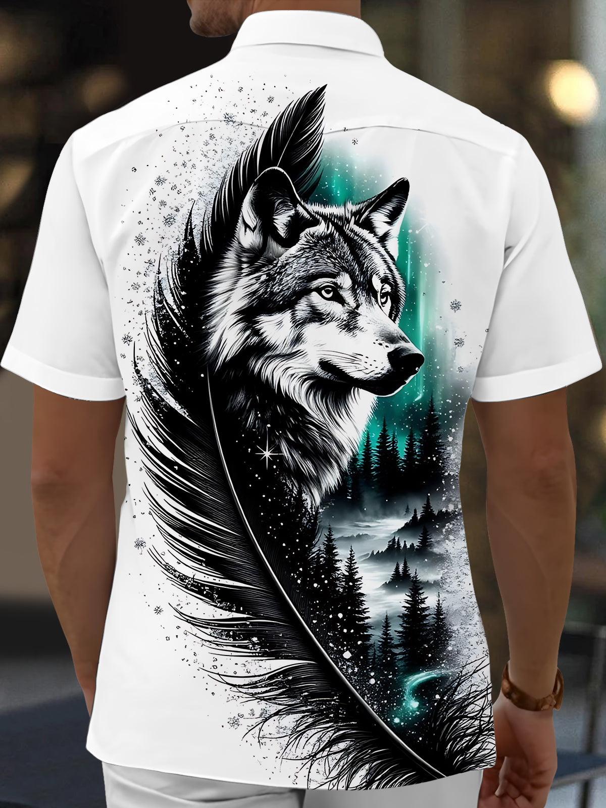 Wolf Feather Snowflake Print Men's Pocket Short Sleeve Shirts