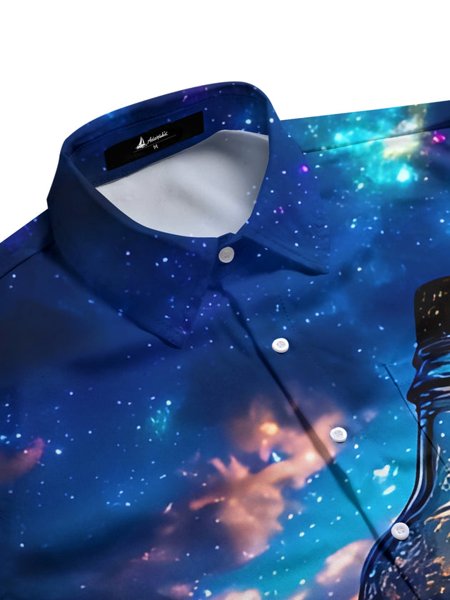 Men's blue bottle print half sleeve shirt side view