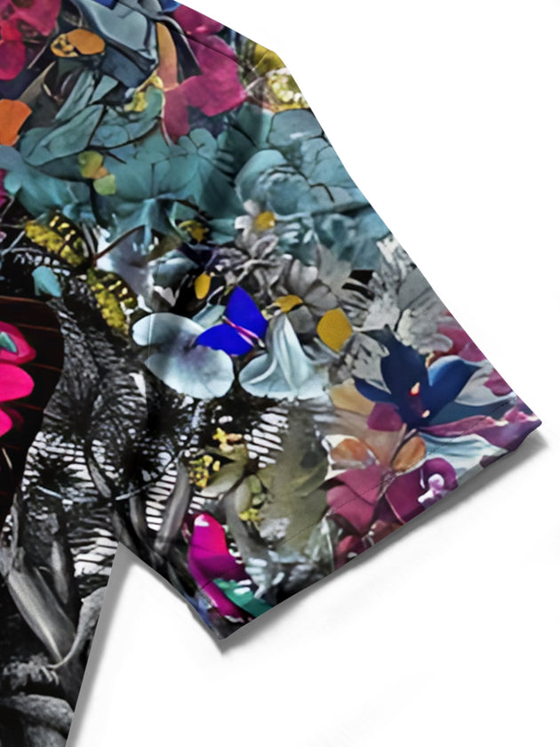 men's peacock print shirt close-up short sleeve