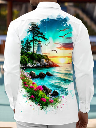 Men's long sleeve Hawaiian shirt back view with tropical lighthouse pocket design