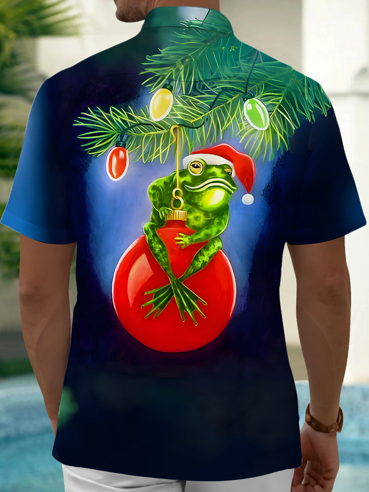 Funny Frog Santa Hat Men's Pocket Short Sleeve Shirts