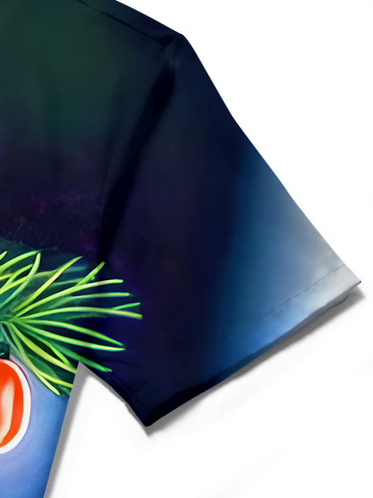Men's short sleeve shirt close-up detail of funny frog santa hat print and fabric texture on pocket