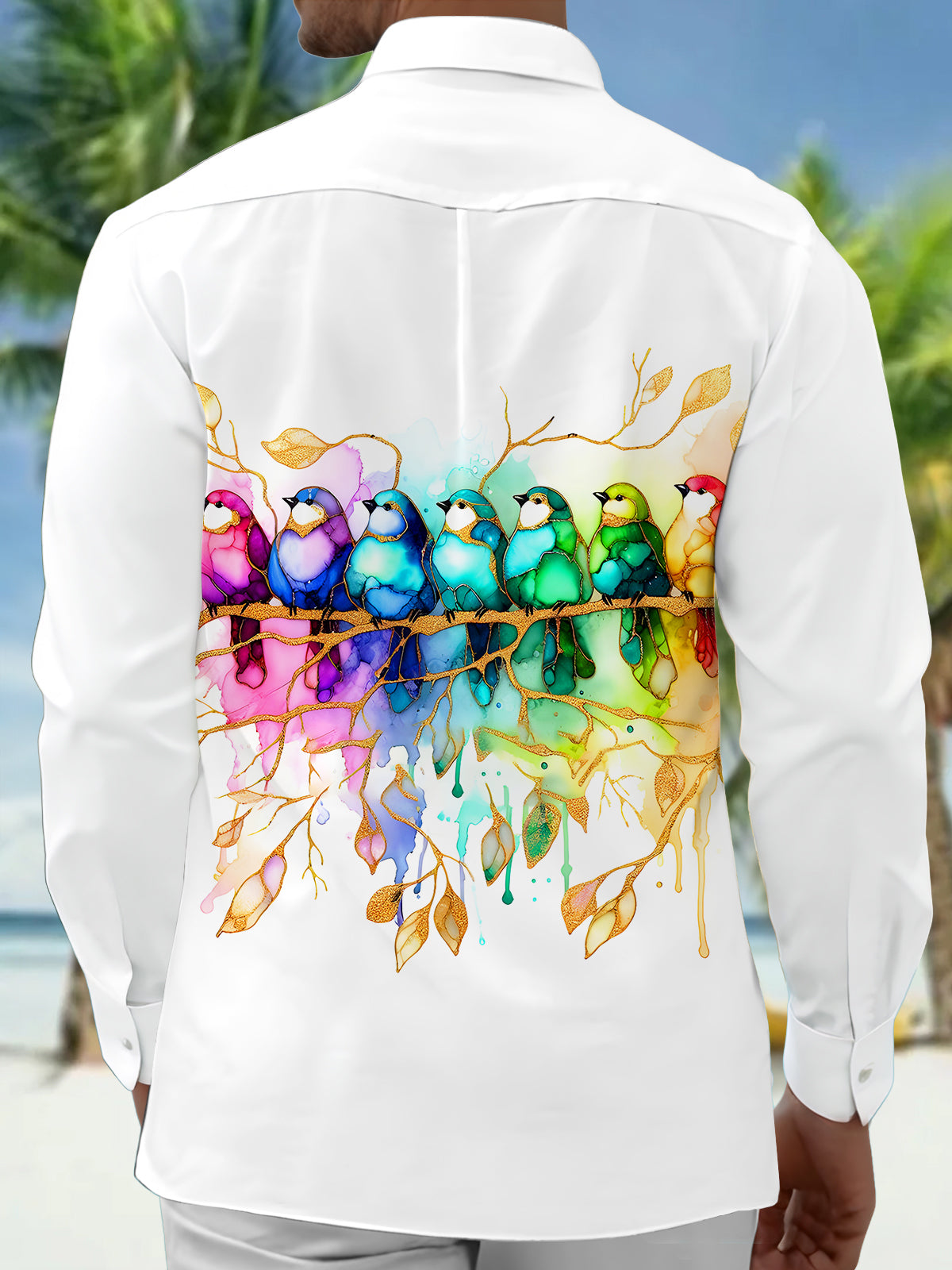 Tie Dye Colorful Birds Leaves Men's Pocket Long Sleeve Shirts