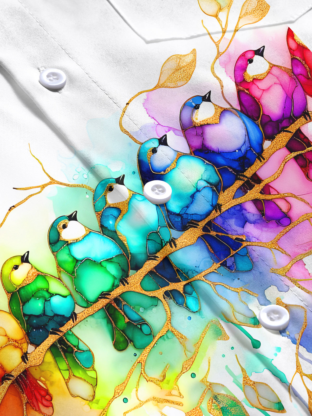 Tie Dye Colorful Birds Leaves Men's Pocket Long Sleeve Shirts