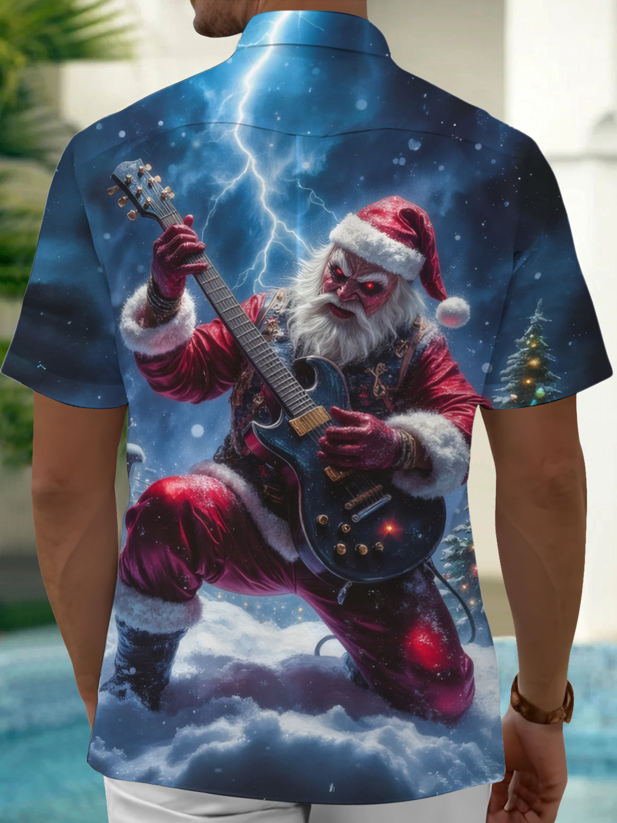 Rock Santa Claus Guitar Print Men's Pocket Short Sleeve Shirts