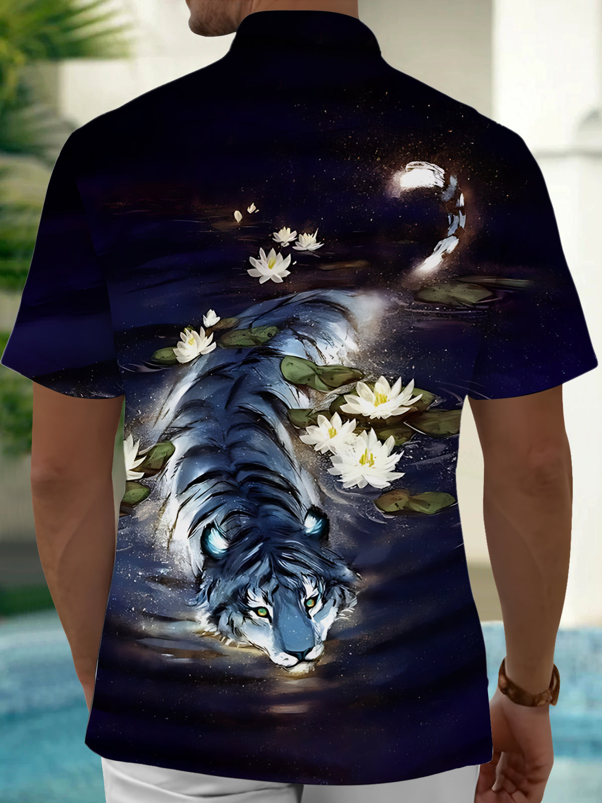 Tiger Lotus Print Men's Pocket Short Sleeve Shirts