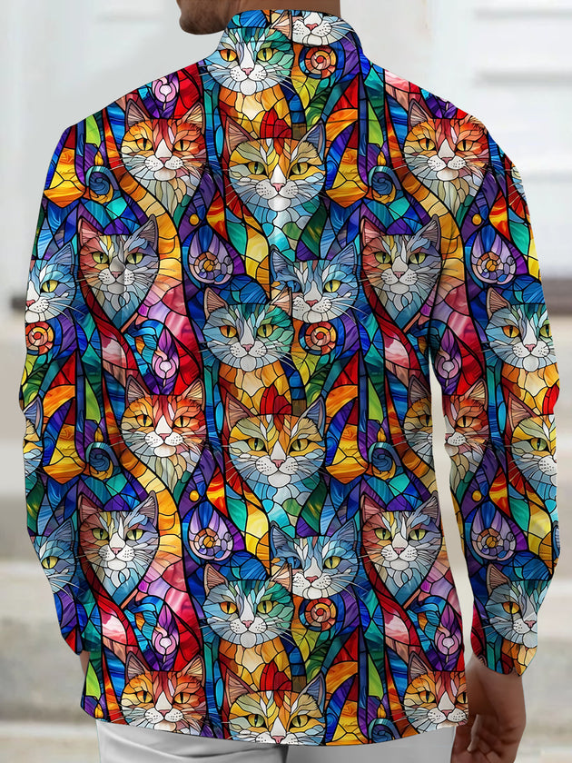 men's black cat print long sleeve shirt back view