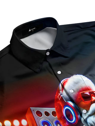 Men's festive long sleeve shirt with music print, side view